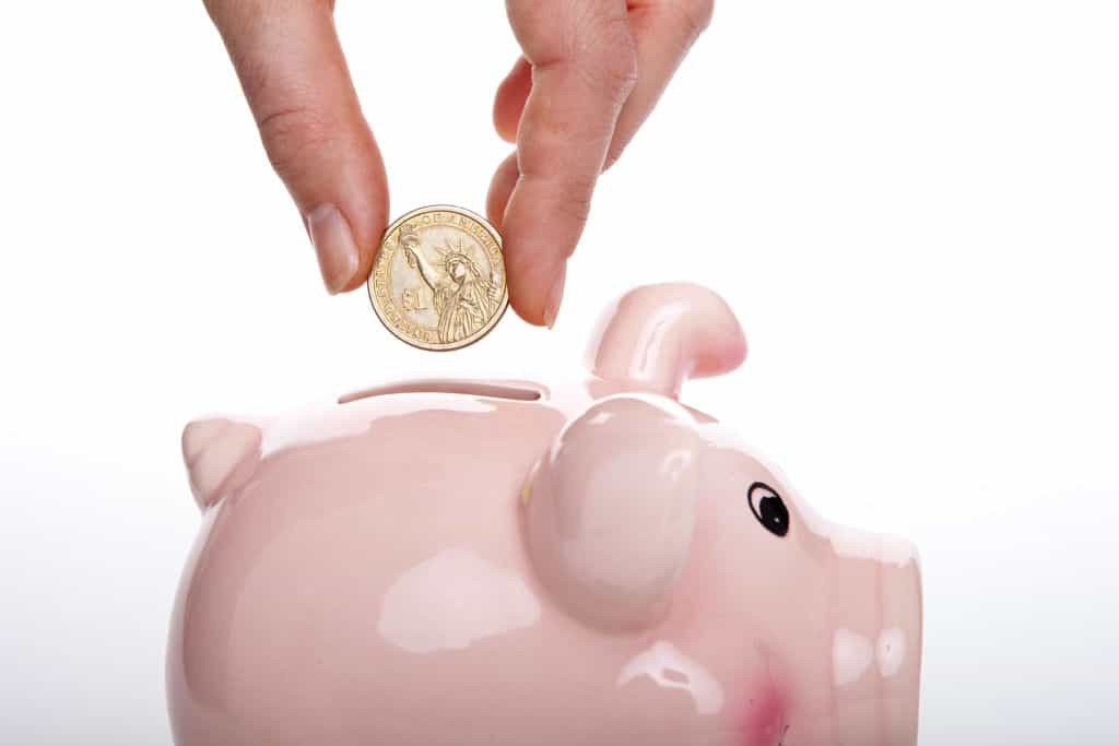 saving money putting coin in piggy bank