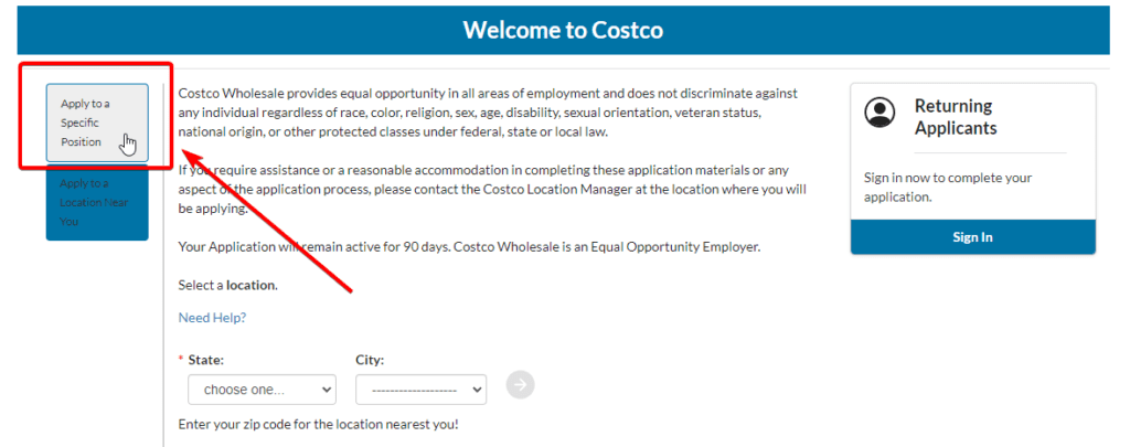 application process at Costco step 1
