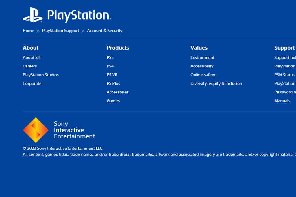 Playstation website account support page