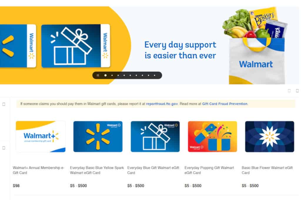 Walmart eGift card website page