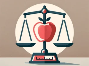 an apple and a scale, set against a soft red and neutral grey background