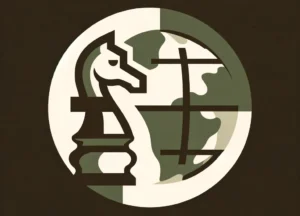 simplified chess knight piece and a partial globe, set against a dark olive green and muted earth tone background