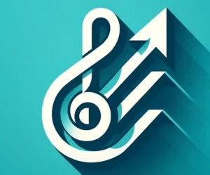 stylized musical note intertwined with an upward arrow, set against a vibrant teal and soft grey background