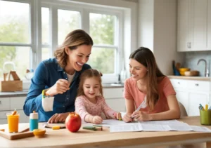 a mother and her daughter are working on homework in the kitchen at home