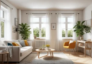 a living room with white walls, wooden floors, and a white couch