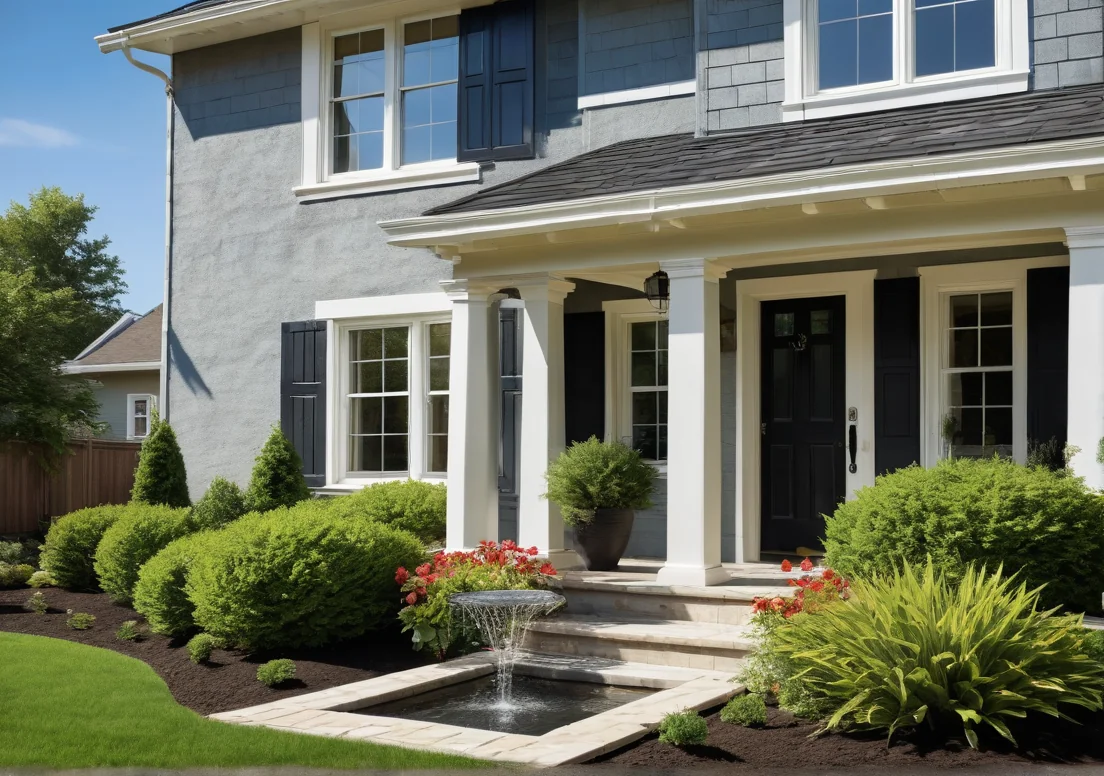 a house with a fountain in the front yard and landscaping on the side of the house