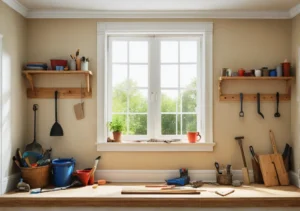 a kitchen window with shelves and tools on the window sies in front of it