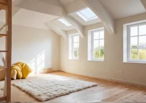 a bedroom with white walls, wooden floors, and a ladder in the middle of the room