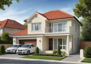 a two story house with a car parked in front of the house and a car parked on the driveway