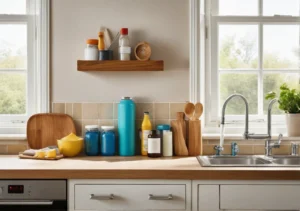 a kitchen with a sink, window and wooden shelf above the kitchen sink