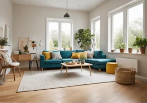 a living room with a blue couch, yellow pillows and a wooden coffee table