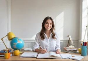 a woman sitting at a desk with books and a globe on the table