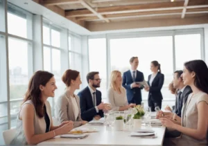 a group of people sitting around a table in a meeting room, having a discussion