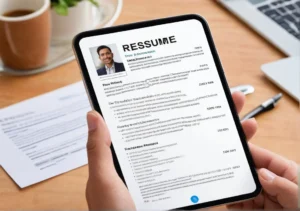 a person holding a phone with a resume on it and a cup of coffee in the background