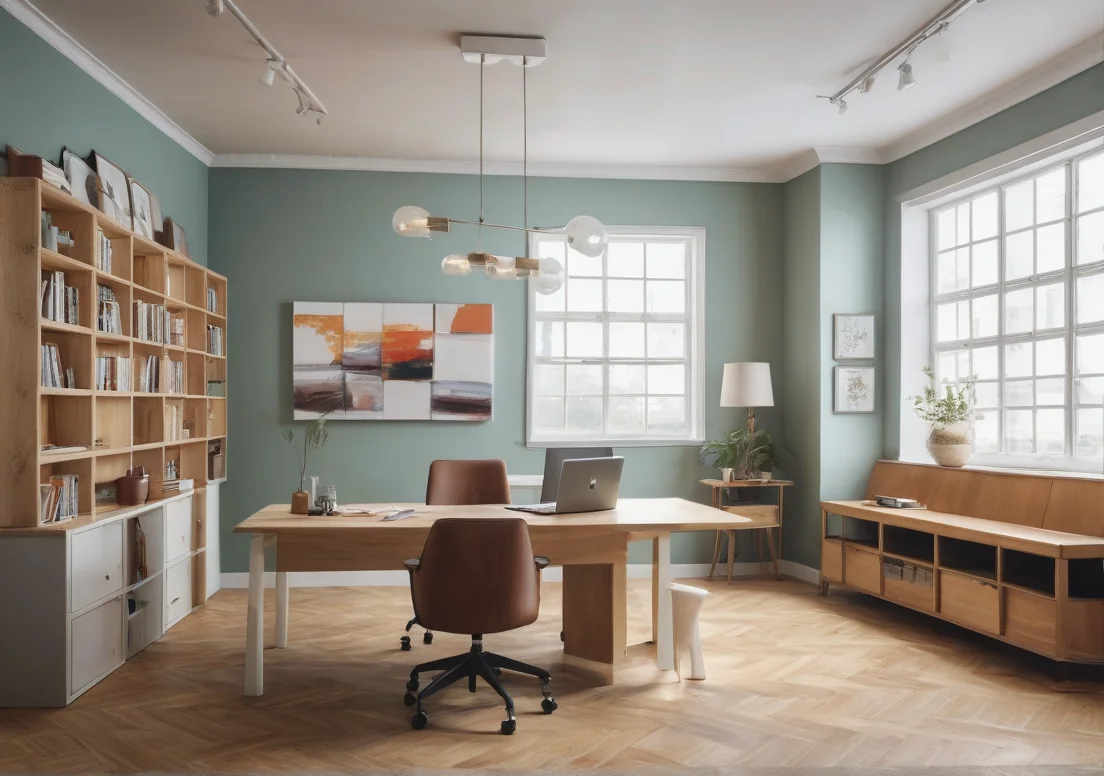 a home office with a desk, bookshel, and a large window