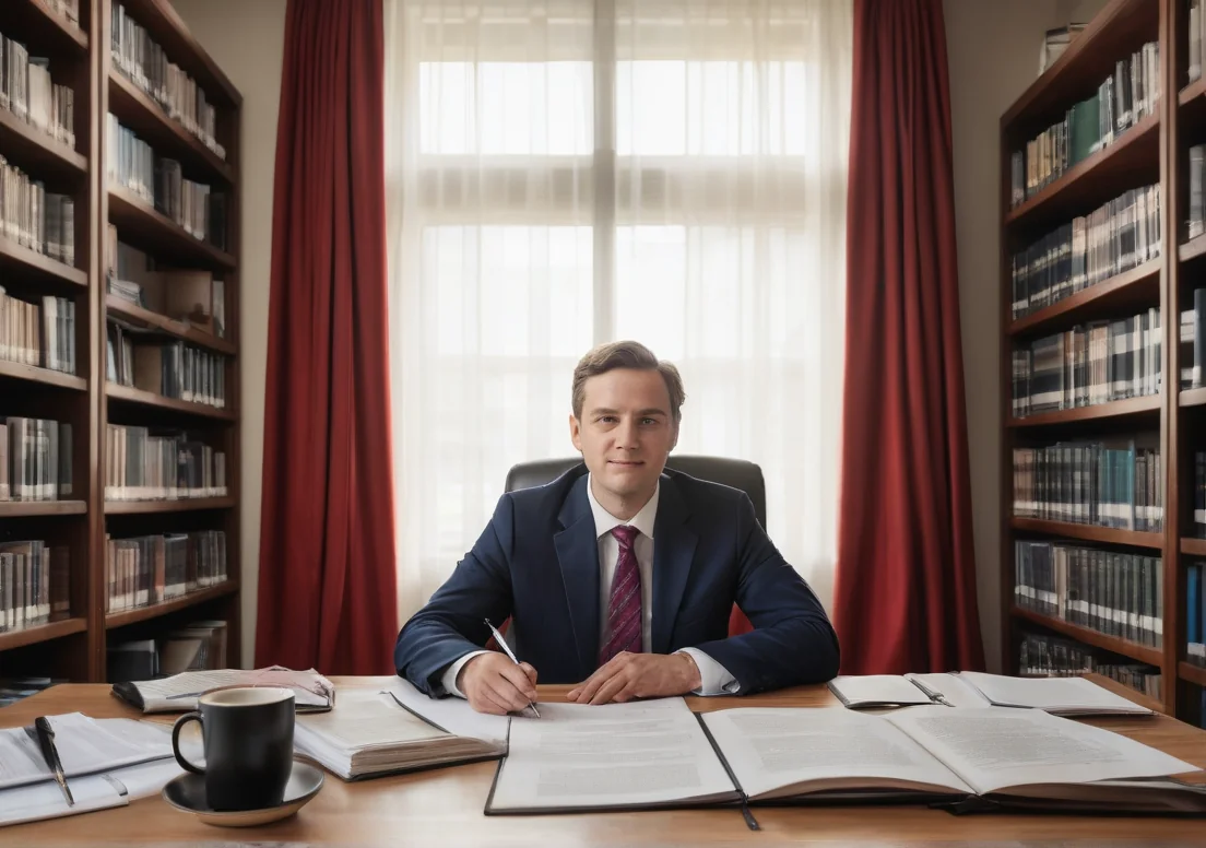 a man in a suit sitting at a table with books and a cup of coffee