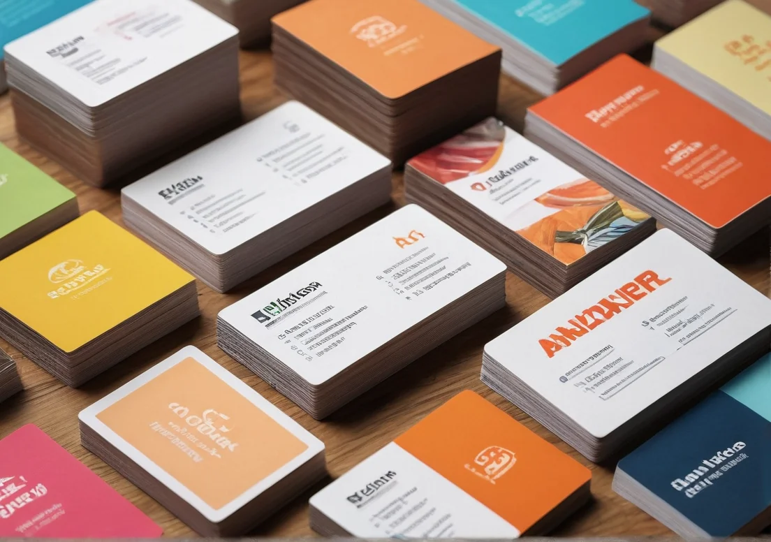 colorful business cards on a table with a wooden table in front of them