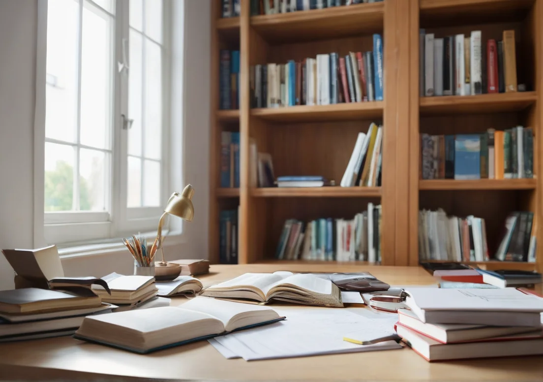 a table with books and a lamp on it in front of a window