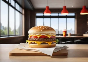 a burger with cheese, tomato and lete on a wooden cutting board