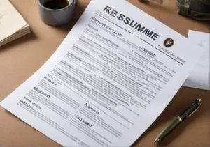 a resume on top of a desk with a cup of coffee and pen