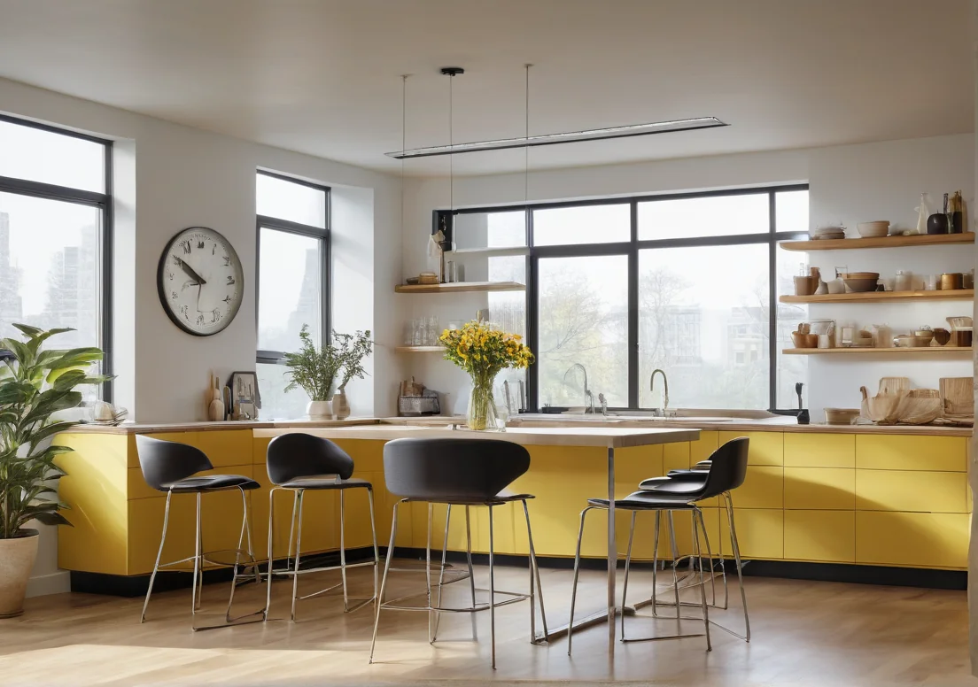 a kitchen with yellow cabinets, black chairs and a clock on the wall