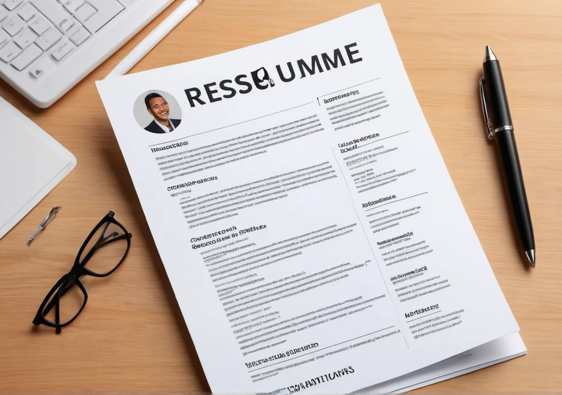 a resume on a desk next to a computer and a pen and glasses