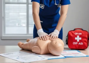 a female doctor in scrubs with a dummy on a table next to a red cross bag