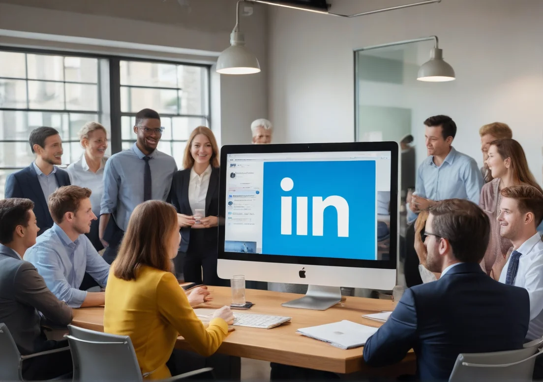 a group of people in a meeting room looking at a computer screen with the linked logo on it