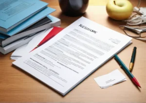 a resume on top of a desk with a cup of coffee and a pen