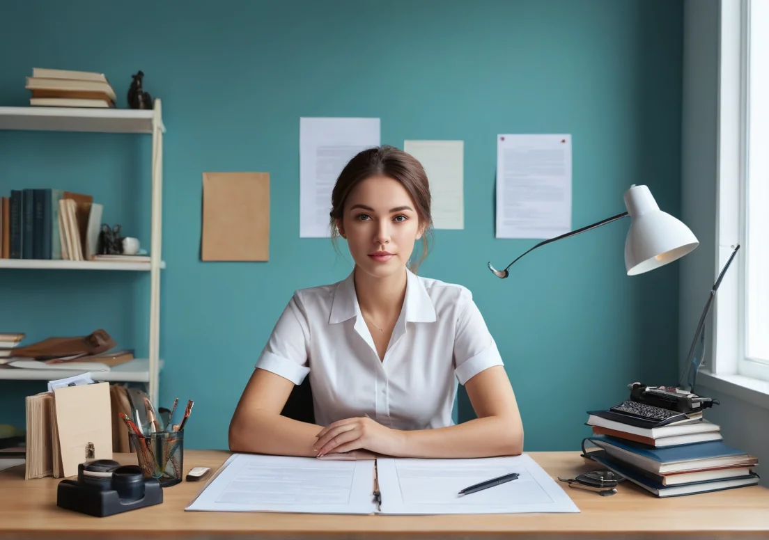 a woman sitting at her desk with a book and pen in front of her