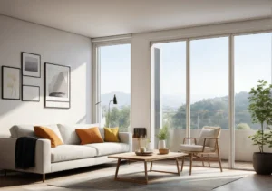 a living room with a white couch and a large window overlooking the mountains