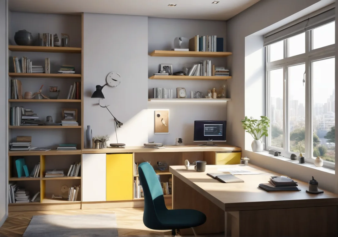 a room with a desk, chair and bookshelt in it, and a window with a view of the city