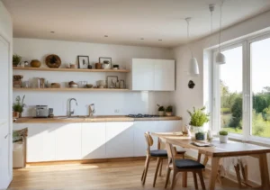 a kitchen and dining area in a home with white cabinets and wooden floors