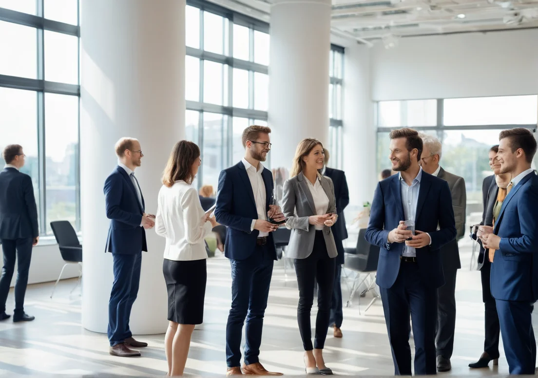 a group of business people standing in a large room, talking to each other people