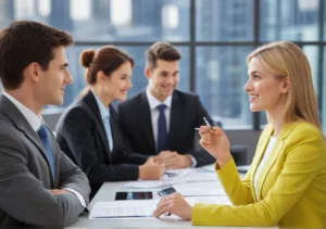 a woman in a business suit is talking to a man in a meeting room