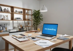 a desk with a laptop and a plant in the corner of the room