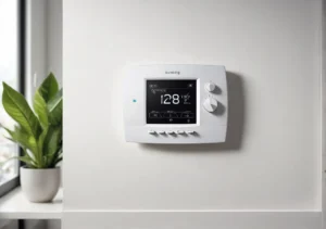 a thermostaer on a wall with a plant in the background