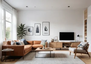 a living room with white walls, wooden furniture, and a large window