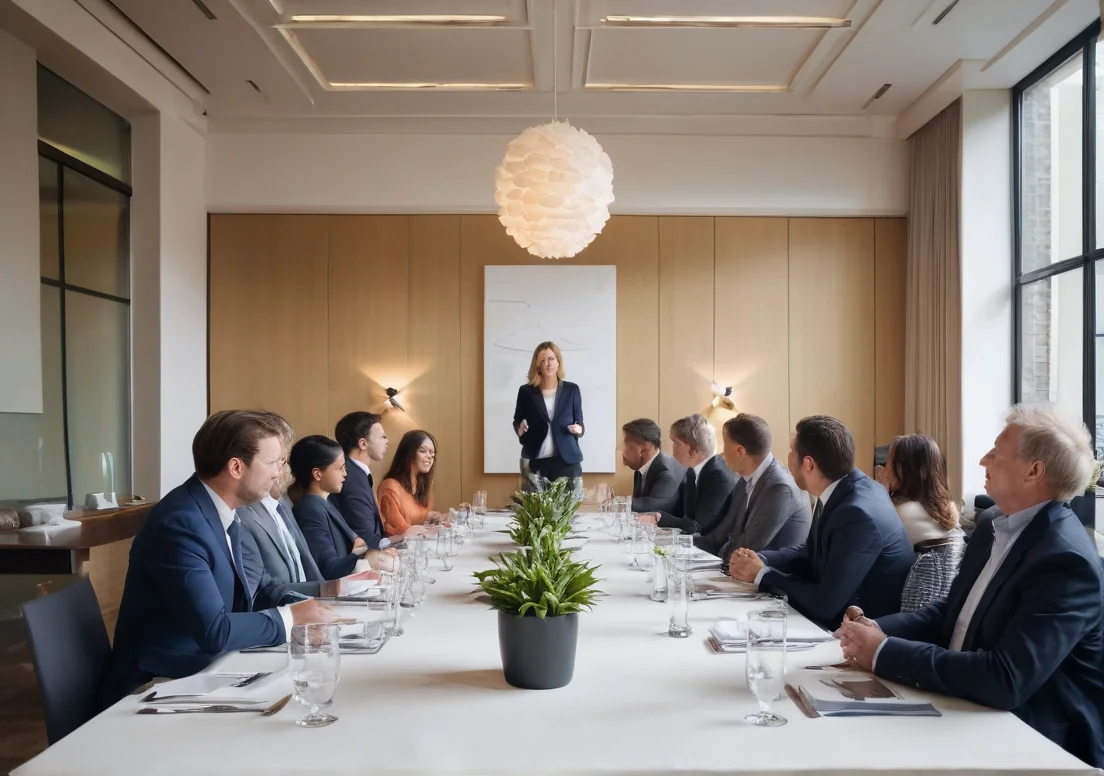 a group of people sitting at a table in a meeting room with a man standing behind them