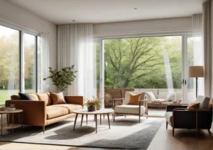 a living room with a large window, couches, chairs and a coffee table