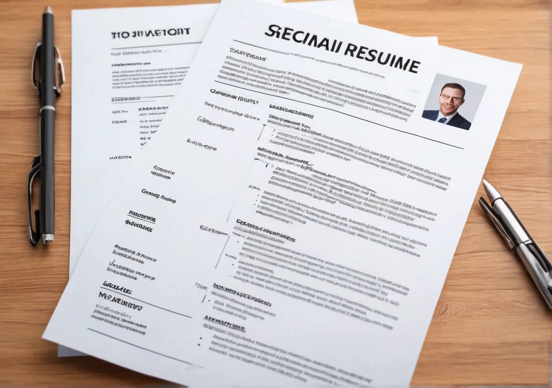 two resumes on top of a wooden table with a pen and pen